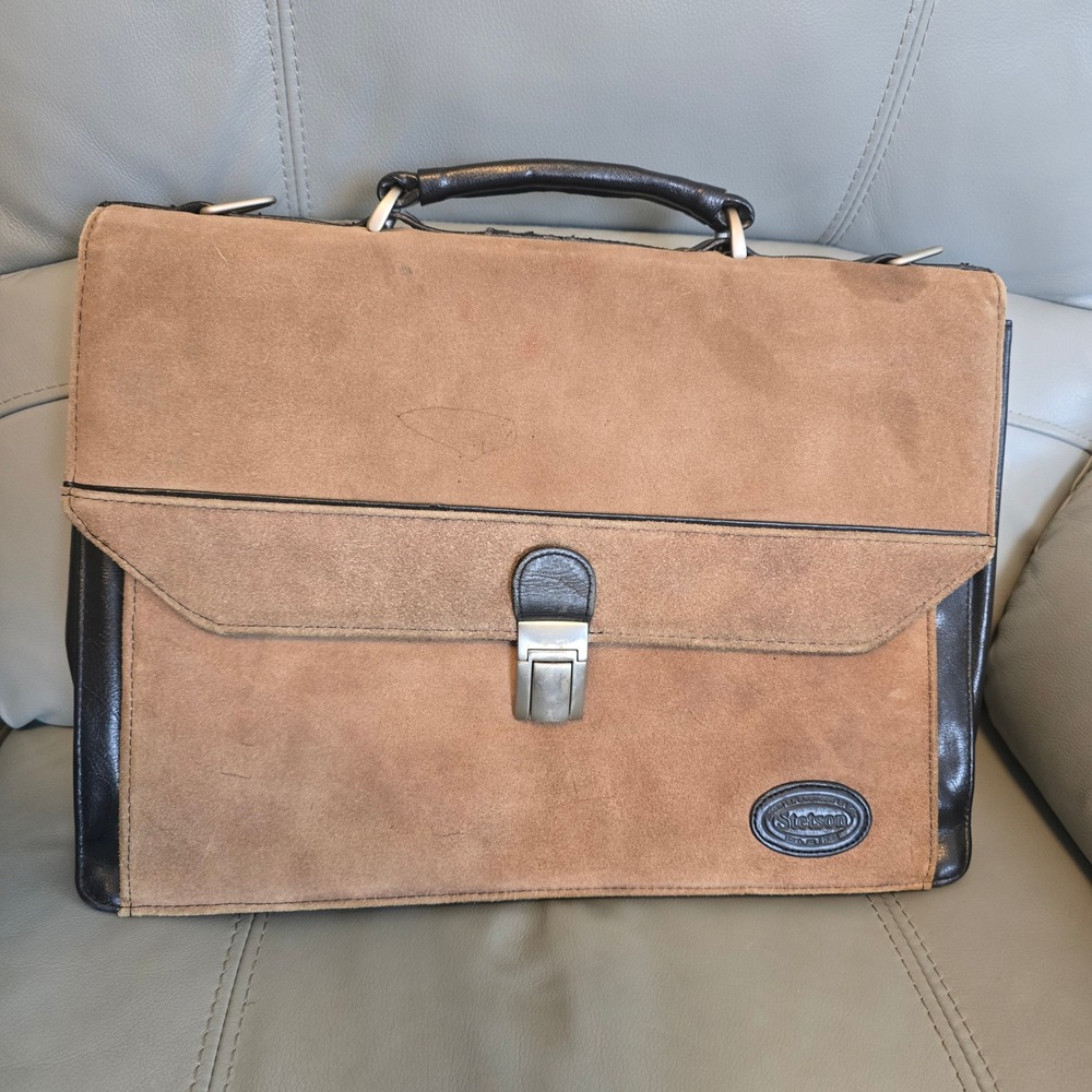 Stetson Mens Suede Leather Briefcase Tan Brown Laptop Messenger Bag‎ Vintage